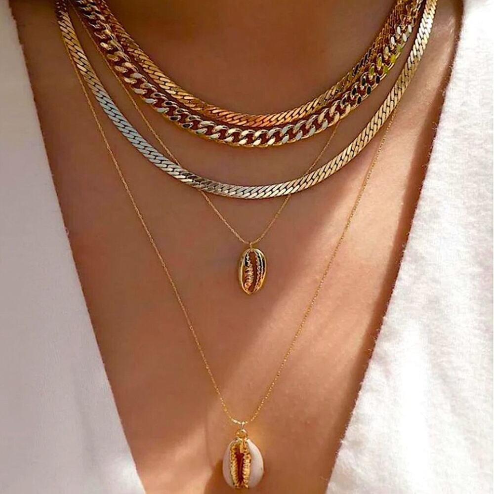 Gold Plated 18K Multilayer Necklace, Chain Link, Paperclip, Cuban, Sea Shell